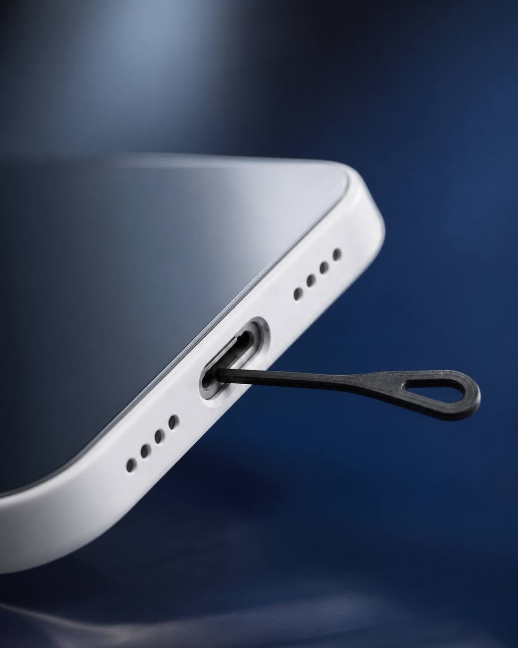 CleanPort präzise an einer Smartphone-Ladebuchse im Einsatz